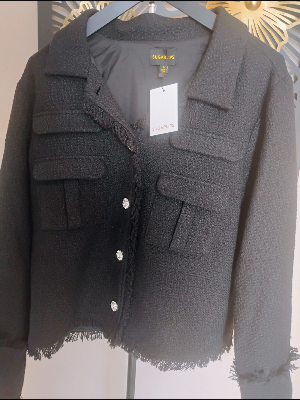 Sugarlips Size XL Black Textured Fringe Blazer with Rhinestone Buttons & Pockets